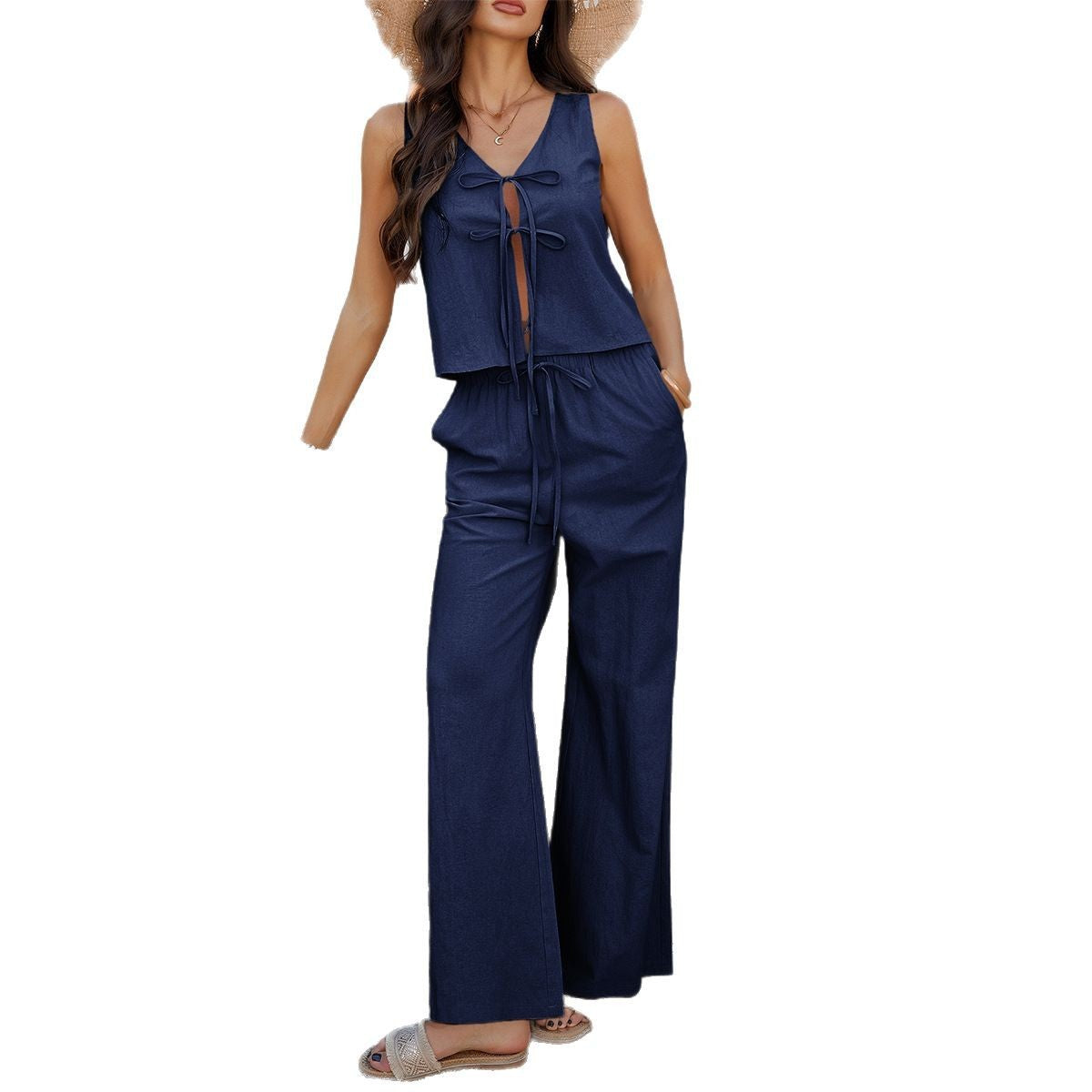 Casual Vacation Style Sleeveless Lace-up Top Wide-leg Pants Suit
