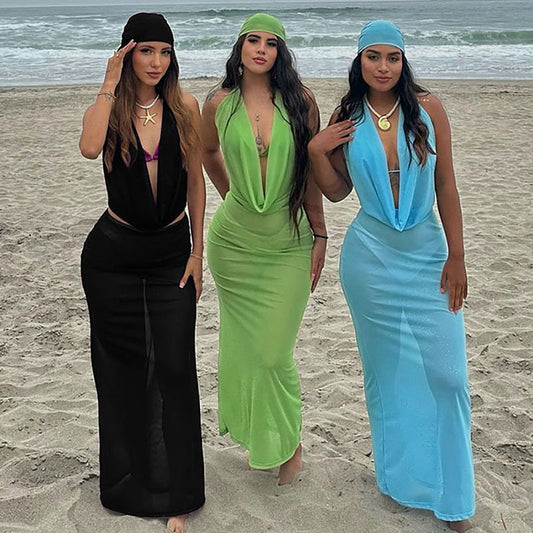 Headscarf Lace-up Vest Deep V Pile Collar Sexy Dress Three-piece Set For Women