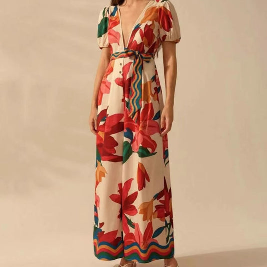 Women's Deep V-neck Printed Fashion Wide-leg Jumpsuit