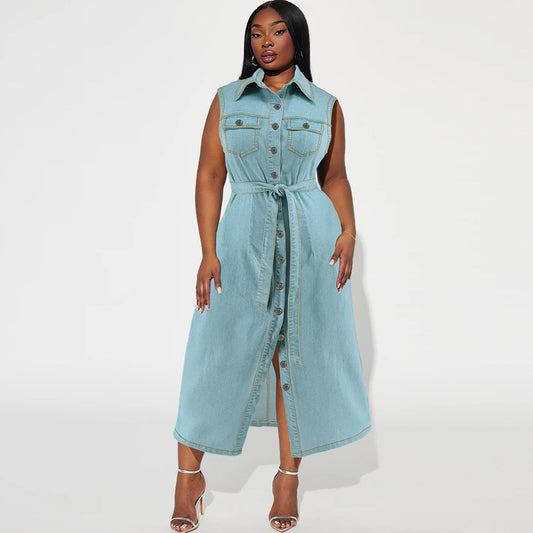 Plus Size Women's Lapel Sleeveless Denim Lace-up Long Dress