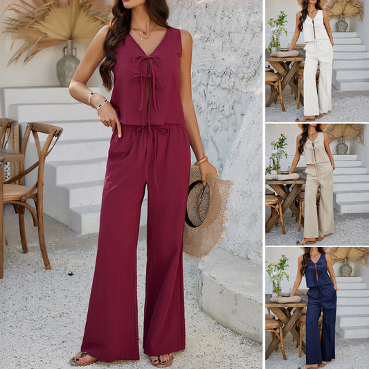 Casual Vacation Style Sleeveless Lace-up Top Wide-leg Pants Suit